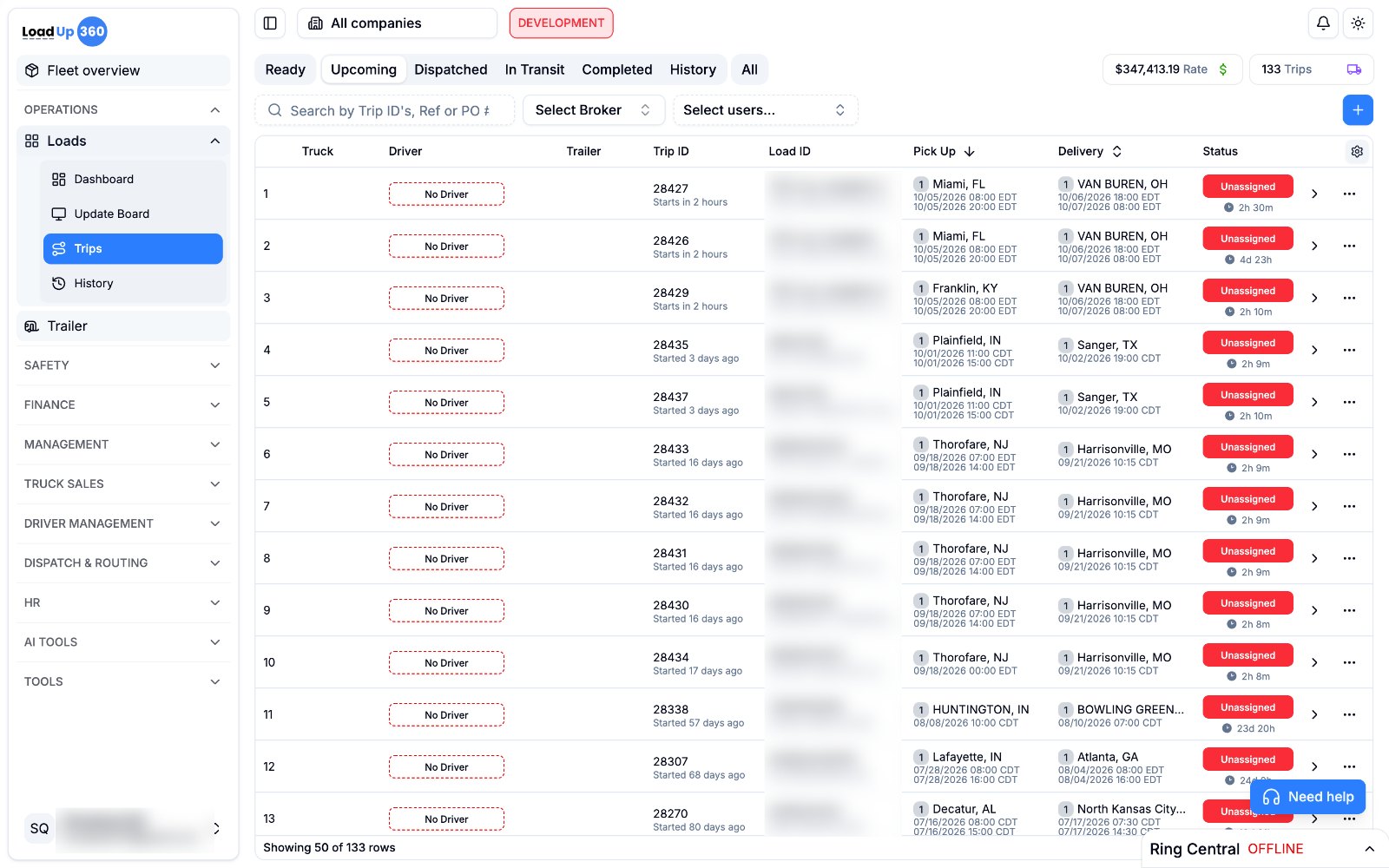 Trips: pickups, deliveries and dispatch status