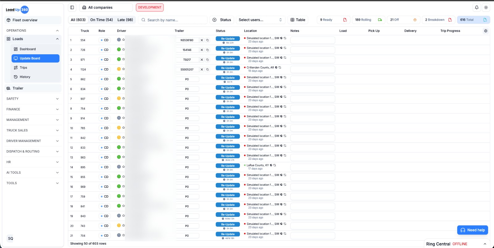 Update Board: fleet status, trailers and locations in one virtualized table